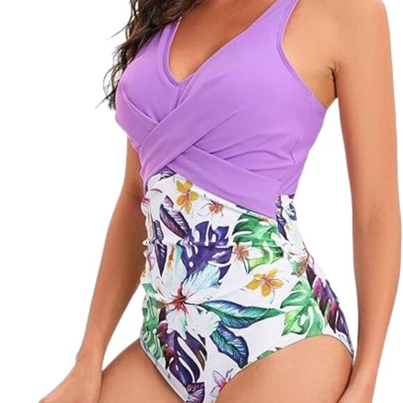 $135 Medium Purple High Waisted Cut One Piece Swimsuit Swimwear Tummy Control - Picture 1 of 5